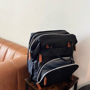 Black Faux Leather-Trimmed Diaper Bag